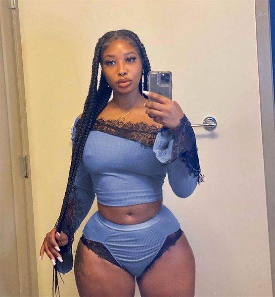 women's tracksuits lace spliced 2pcs women ribbed homewear fall off shoulder long flare sleeve t-shirts crop high waist shorts, Gray
women's tracksuits lace spliced 2pcs women ribbed homewear fall off shoulder long flare sleeve t-shirts crop high waist shorts, Gray