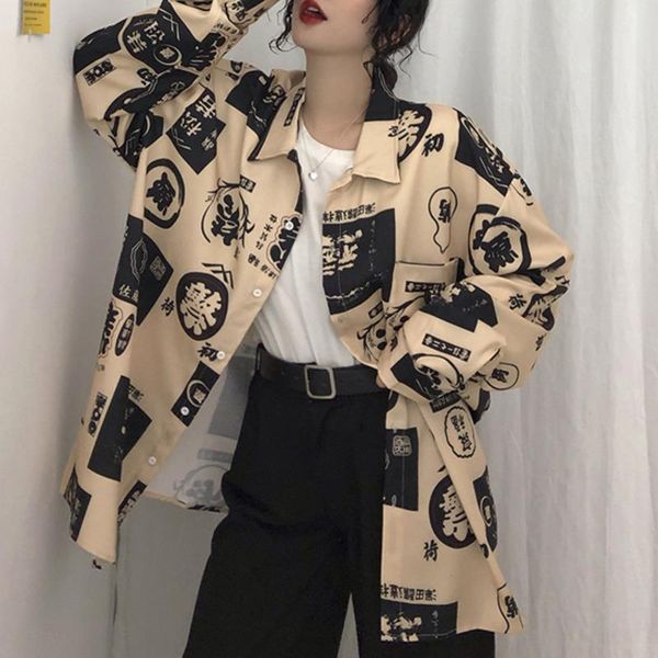 women's blouses & shirts autumn women oversize streetwear print single turn-down collar long sleeve loose arrive, White
women's blouses & shirts autumn women oversize streetwear print single turn-down collar long sleeve loose arrive, White