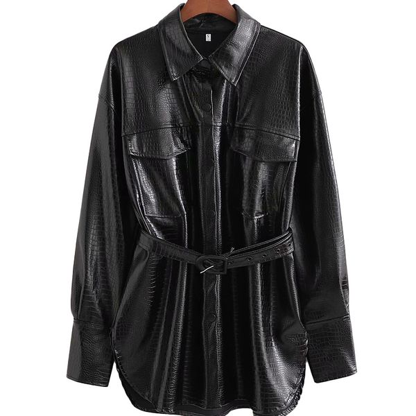 female locomotive single breasted long jacket women fashion retro crocodile texture belt pu artificial leather clothing, Black
female locomotive single breasted long jacket women fashion retro crocodile texture belt pu artificial leather clothing, Black