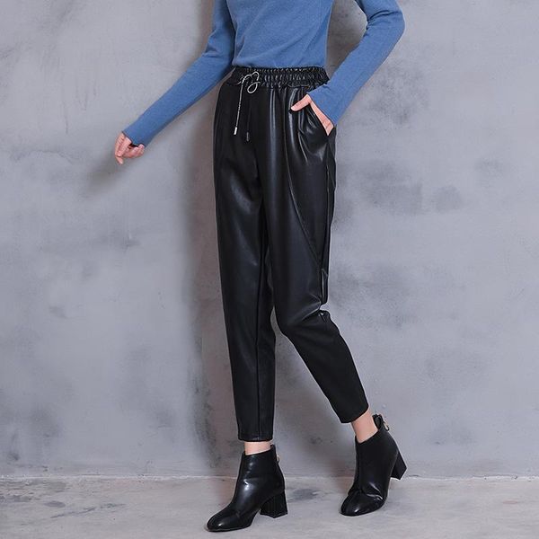 women's pants & capris woman fashion autumn winter high waist black faux leather loose ladies pu pencil elegant pocket trousers a122, Black;white
women's pants & capris woman fashion autumn winter high waist black faux leather loose ladies pu pencil elegant pocket trousers a122, Black;white