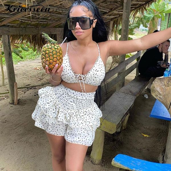 women's tracksuits kricesseen white print dot shorts set women summer halter bandage and ruffles details suits matching sets, Gray
women's tracksuits kricesseen white print dot shorts set women summer halter bandage and ruffles details suits matching sets, Gray
