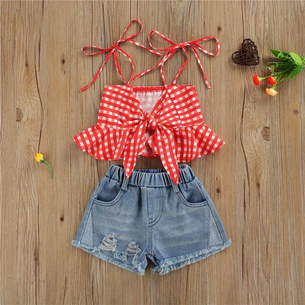 1-6years fashion children girls summer clothes outfits 2pcs spaghetti strap plaid ruffles vest +pocket ripped jean shorts clothing sets, White
1-6years fashion children girls summer clothes outfits 2pcs spaghetti strap plaid ruffles vest +pocket ripped jean shorts clothing sets, White
