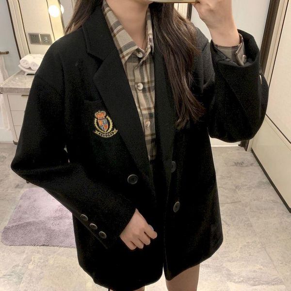 women's suits & blazers 2021 autumn winter mid-length black preppy style long for women clothing korean badge jacket oversized coats, White;black
women's suits & blazers 2021 autumn winter mid-length black preppy style long for women clothing korean badge jacket oversized coats, White;black