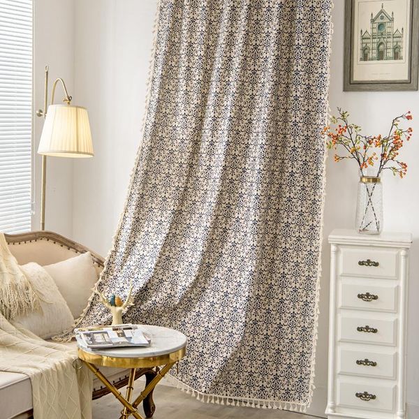 curtain & drapes product retro blue and white porcelain, cotton linen curtains, semi blackout kitchen curtains