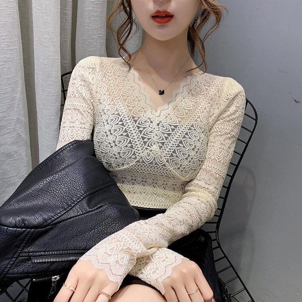 women lace bottom shirt female long sleeved mesh inside cutout v-neck blouse women's blouses & shirts, White