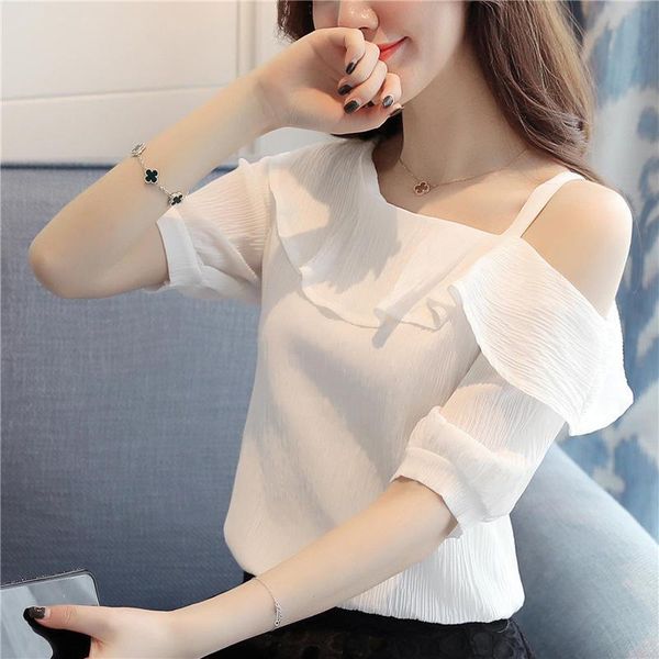women's t-shirt missky women t shirt summer off shoulder ruffle short sleeve round collar solid color female, White
women's t-shirt missky women t shirt summer off shoulder ruffle short sleeve round collar solid color female, White