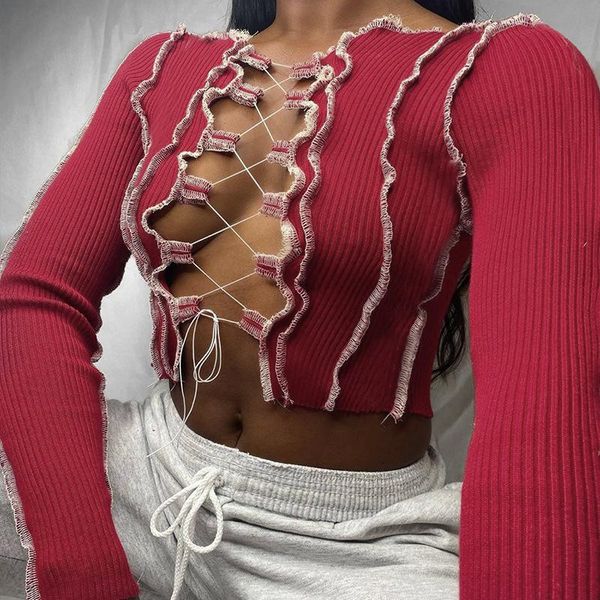 women's t-shirt women crop bandage femme t-shirts contrasting color shirt long sleeve slim strappy hollow harajuku 2021, White
women's t-shirt women crop bandage femme t-shirts contrasting color shirt long sleeve slim strappy hollow harajuku 2021, White