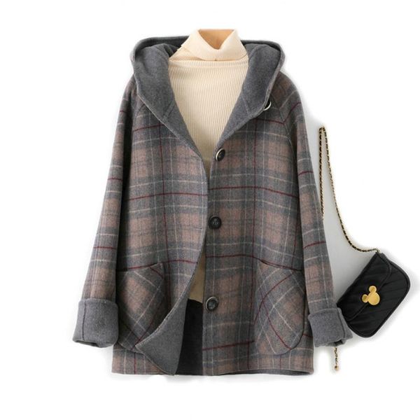 women's wool & blends 21 style plaid double faced cashmere coat high end grey women hooded jacket loose lady winter, Black
women's wool & blends 21 style plaid double faced cashmere coat high end grey women hooded jacket loose lady winter, Black