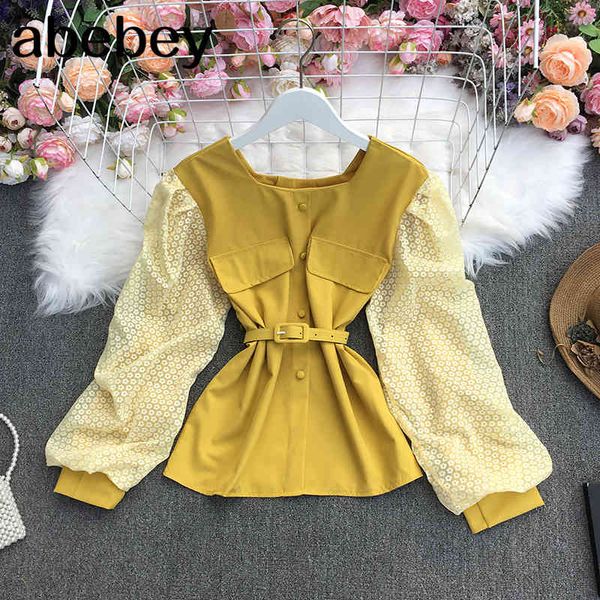 spring fashion all-match square collar long sleeve shirt lace stitching waist slim to with sashes 210512, White
spring fashion all-match square collar long sleeve shirt lace stitching waist slim to with sashes 210512, White