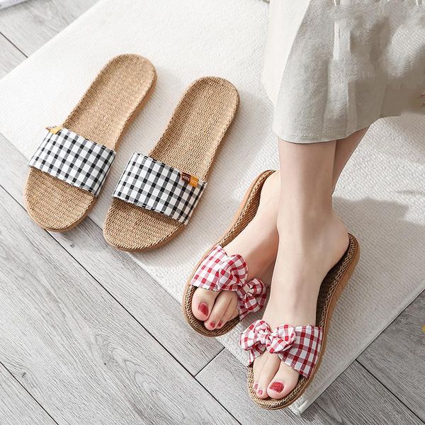 slippers suihyung 2021 women men indoor lovers summer casual slides plaid bow ladies flax soft non--slip flip flops, Black
slippers suihyung 2021 women men indoor lovers summer casual slides plaid bow ladies flax soft non--slip flip flops, Black