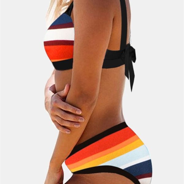 women colorful stripe print back string bikini backless swimwear bathing suits striped swimsuit kz090, White;black
women colorful stripe print back string bikini backless swimwear bathing suits striped swimsuit kz090, White;black