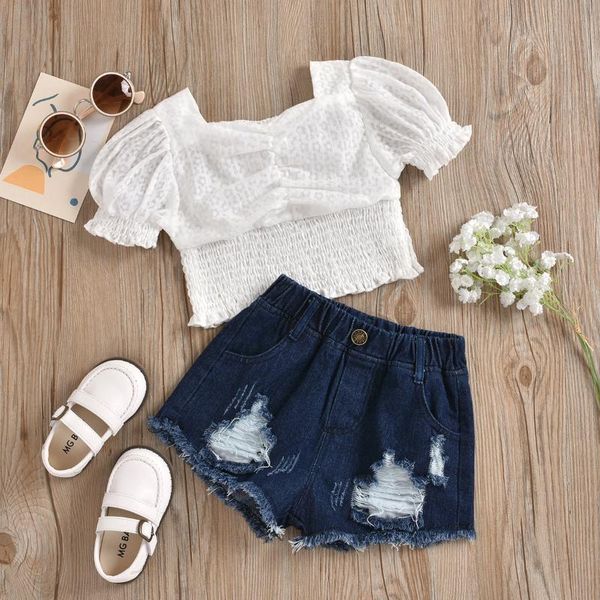 clothing sets kids baby girls summer puff sleeve solid shrink t-shirts denim hole short pants toddler children clothes 2pcs 2-7y, White
clothing sets kids baby girls summer puff sleeve solid shrink t-shirts denim hole short pants toddler children clothes 2pcs 2-7y, White