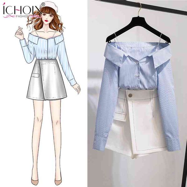 two piece dress ichoix arrivals from a shoulder of two korean-style suit parts striped shirt + high-waisted pants skirt defines women's, White
two piece dress ichoix arrivals from a shoulder of two korean-style suit parts striped shirt + high-waisted pants skirt defines women's, White