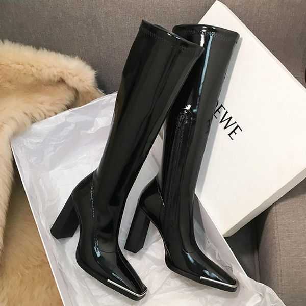 boots kendall style women motorcyle fashion square toe knee high autumn winter warm patent leather heels shoes, Black
boots kendall style women motorcyle fashion square toe knee high autumn winter warm patent leather heels shoes, Black
