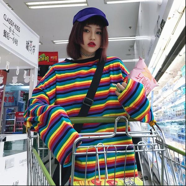 causal cotton striped rainbow women harajuku loose punk style, White