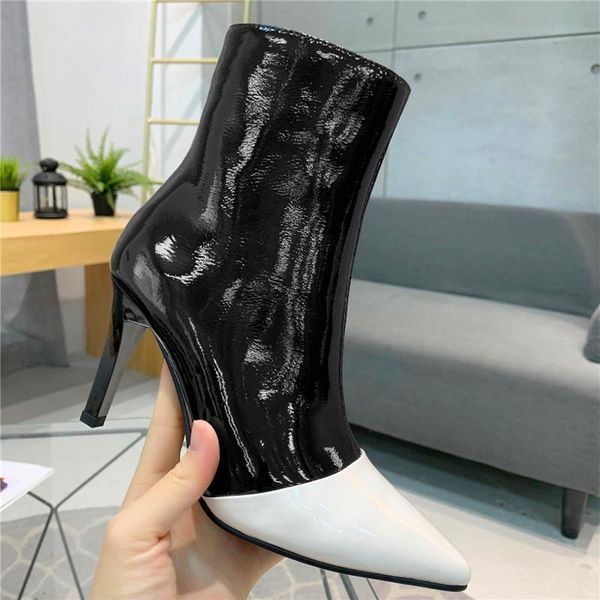 boots winter ladies high-heeled color matching pointed toe fashion short black and white classic show party 
boots winter ladies high-heeled color matching pointed toe fashion short black and white classic show party