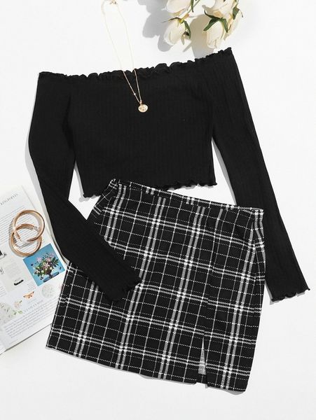 off shoulder tee and tartan skirt set i5il#, White
off shoulder tee and tartan skirt set i5il#, White