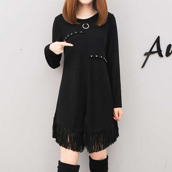 plus size 5xl women tassel dress spring autumn bottom shirt medium length black loose female casual dresses 210601, Black;gray
plus size 5xl women tassel dress spring autumn bottom shirt medium length black loose female casual dresses 210601, Black;gray