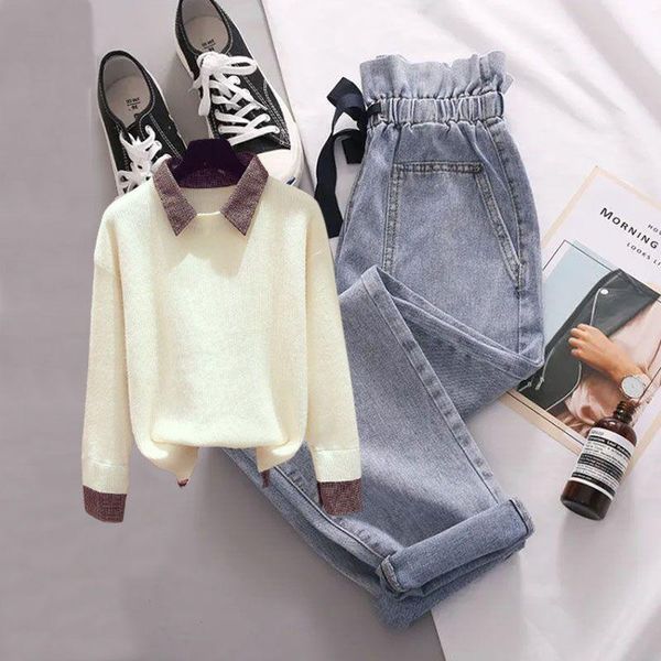 women's two piece pants women 2021 fall winter fashion sets female knitted sweater pullover ladies elastic waist harem jeans suits p19, White
women's two piece pants women 2021 fall winter fashion sets female knitted sweater pullover ladies elastic waist harem jeans suits p19, White