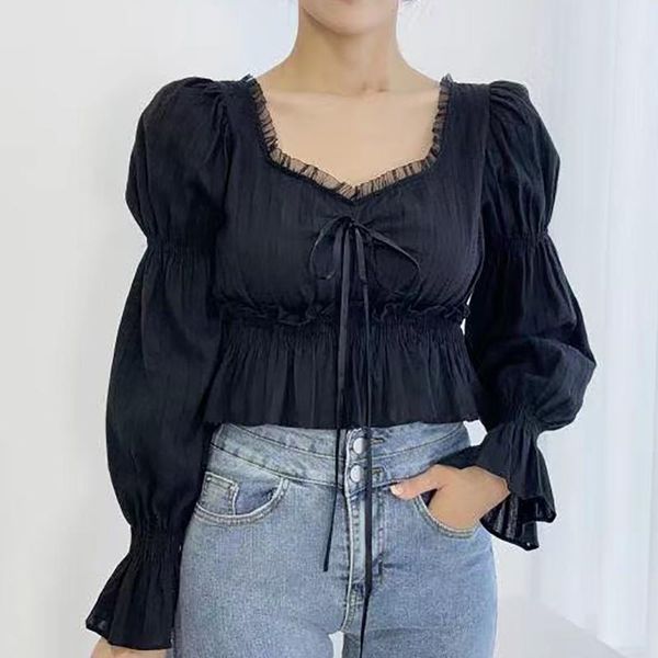 women's blouses & shirts short blouse women square collar lace pleated lantern long sleeve slim ladies spring autumn fashion black fem, White
women's blouses & shirts short blouse women square collar lace pleated lantern long sleeve slim ladies spring autumn fashion black fem, White