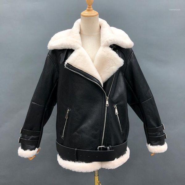 women's fur & faux leather jacket winter fashion streetwear real sheepskin warm thick sheep shearling coat, Black
women's fur & faux leather jacket winter fashion streetwear real sheepskin warm thick sheep shearling coat, Black