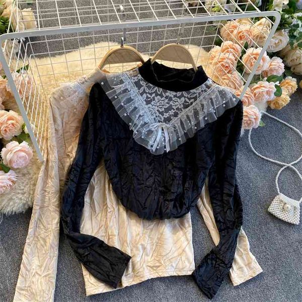 women fashion sweet lace shirt lady stand neck ruffled contrast stitching retro velvet long-sleeved casual blouse q993 210527, White
women fashion sweet lace shirt lady stand neck ruffled contrast stitching retro velvet long-sleeved casual blouse q993 210527, White