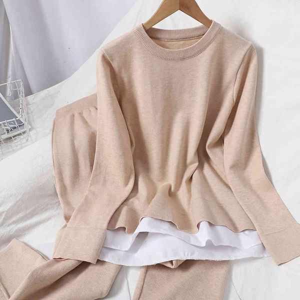 women's two piece pants winter stitching contrast color hem fake two-piece sets lady wild straight leg pants knitted sweater f, White
women's two piece pants winter stitching contrast color hem fake two-piece sets lady wild straight leg pants knitted sweater f, White
