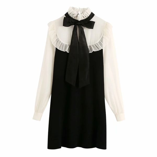 women organza splicing knitting mini dress femme bow tie long sleeve loose clothes casual lady vestido d6596 210430, Black;gray
women organza splicing knitting mini dress femme bow tie long sleeve loose clothes casual lady vestido d6596 210430, Black;gray