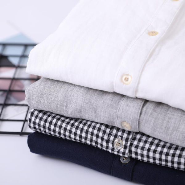 women's blouses & shirts stand collar double-layer cotton yarn soft mid-length rolled sleeves artistic casual plaid shirt for women, White
women's blouses & shirts stand collar double-layer cotton yarn soft mid-length rolled sleeves artistic casual plaid shirt for women, White