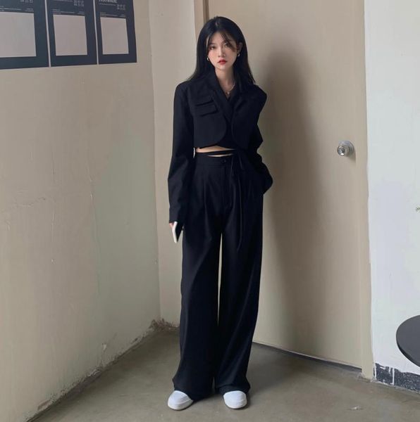 women's two piece pants office lady set women korean lace up cropped shirts + wide leg long tracksuit streetwear hip c797, White
women's two piece pants office lady set women korean lace up cropped shirts + wide leg long tracksuit streetwear hip c797, White