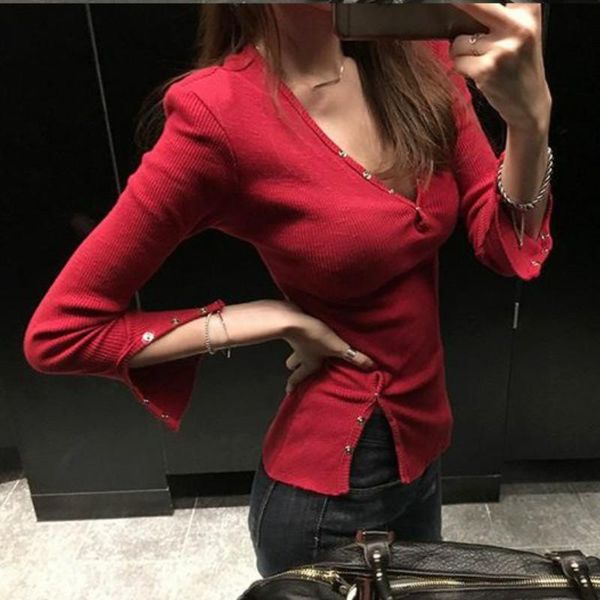women's t-shirt v neck knitted t shirt women female red long sleeve tshirt elegant tee femme harajuku, White
women's t-shirt v neck knitted t shirt women female red long sleeve tshirt elegant tee femme harajuku, White