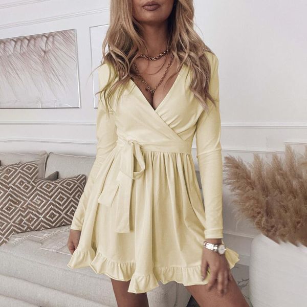 casual dresses autumn long sleeve v neck ruffles mini dress solid color slim robes lace up pleated party vestidos short, Black;gray
casual dresses autumn long sleeve v neck ruffles mini dress solid color slim robes lace up pleated party vestidos short, Black;gray