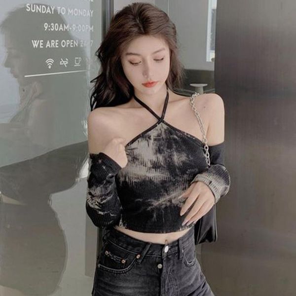 women's t-shirt women tie dye t-shirts one-shoulder halter long sleeve female punk style streetwear top, White
women's t-shirt women tie dye t-shirts one-shoulder halter long sleeve female punk style streetwear top, White