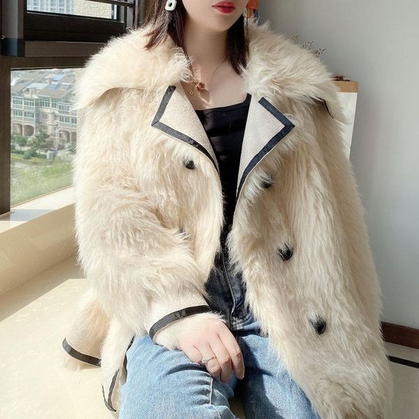 women's fur & faux winter tuscan lambswool coat granular sheep shearing jacket korean fashion lapel double breasted outerwear female, Black
women's fur & faux winter tuscan lambswool coat granular sheep shearing jacket korean fashion lapel double breasted outerwear female, Black