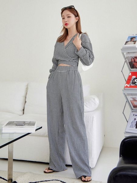 dazy striped wrap and pants set e9ow#, White 
dazy striped wrap and pants set e9ow#, White