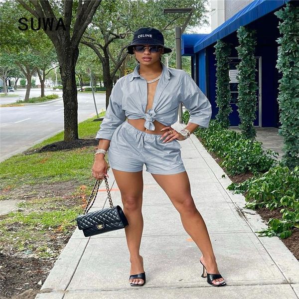 women's tracksuits women solid color cropped sleeves shirt drawstring waist shorts everyday casual set autumn, Gray
women's tracksuits women solid color cropped sleeves shirt drawstring waist shorts everyday casual set autumn, Gray