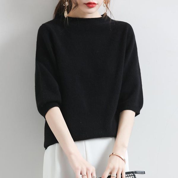 early spring half-high collar five-point sleeve cashmere sweater women's light thin pure color knit t-shirt, White
early spring half-high collar five-point sleeve cashmere sweater women's light thin pure color knit t-shirt, White