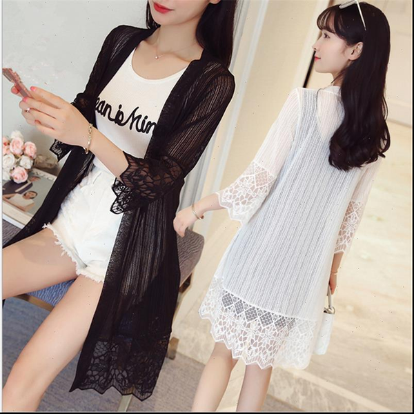 fashion lace medium long womens blouses solid color cardigan summer outerwear simple wearing for female, White
fashion lace medium long womens blouses solid color cardigan summer outerwear simple wearing for female, White