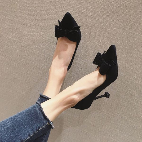 dress shoes spring women's single shoes pointed korean thin heel work bowknot shallow mouth high m9k8, Black
dress shoes spring women's single shoes pointed korean thin heel work bowknot shallow mouth high m9k8, Black