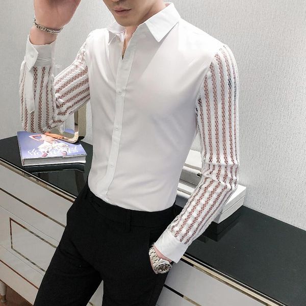 men's casual shirts long sleeve slim fit lace shirt social dress camisas masculinas club chemise homme 4xl black white mens 2021 autumn, White;black
men's casual shirts long sleeve slim fit lace shirt social dress camisas masculinas club chemise homme 4xl black white mens 2021 autumn, White;black
