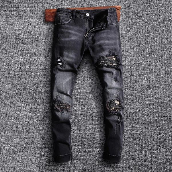 men's jeans street style fashion men retro black gray elastic slim fit ripped patchwork designer hip hop denim punk pants, Blue
men's jeans street style fashion men retro black gray elastic slim fit ripped patchwork designer hip hop denim punk pants, Blue