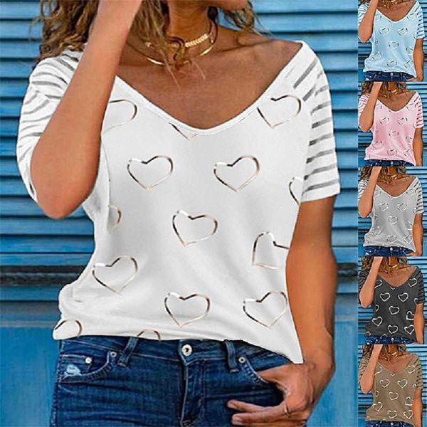 women's 2021 summer new love print v-neck short sleeve loose t-shirt, White