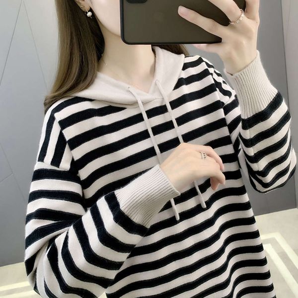 autumn hooded sweater women's year foreign style medium long striped hat wool dress thin, Black
autumn hooded sweater women's year foreign style medium long striped hat wool dress thin, Black