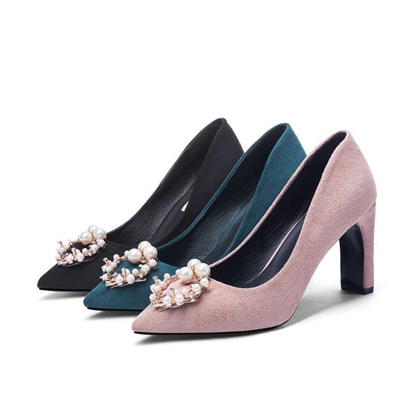 spring / summer metal pearl button suede high heels shallow mouth pointed thick 43 large single sho women, Black
spring / summer metal pearl button suede high heels shallow mouth pointed thick 43 large single sho women, Black