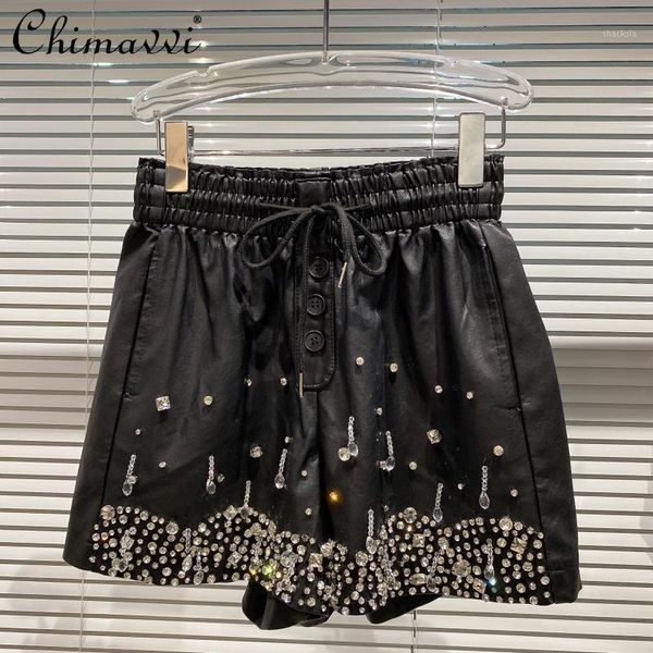 women's shorts 2021 autumn winter women heavy large particles rhinestone beaded elastic waist wide leg leather short pants, White;black
women's shorts 2021 autumn winter women heavy large particles rhinestone beaded elastic waist wide leg leather short pants, White;black
