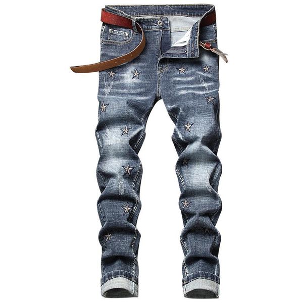 men's jeans men stars embroidery stretch denim streetwear mid waist slim straight pants cotton trousers, Blue
men's jeans men stars embroidery stretch denim streetwear mid waist slim straight pants cotton trousers, Blue