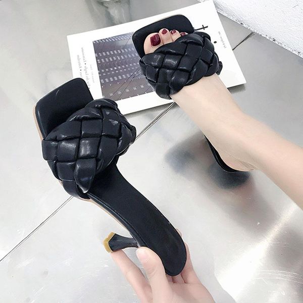 women slippers fashion square toe weave high heels shoes leather luxury designer ladies street beach sandals slides, Black
women slippers fashion square toe weave high heels shoes leather luxury designer ladies street beach sandals slides, Black
