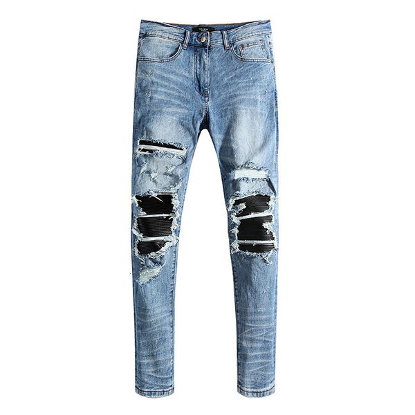 off am gaojiechao brand fashion men's pleated technology hole patching elastic skinny jeans, Blue
off am gaojiechao brand fashion men's pleated technology hole patching elastic skinny jeans, Blue