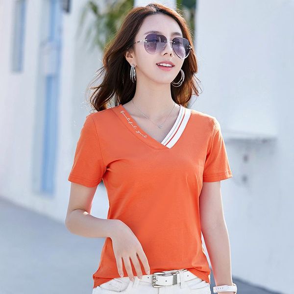 women's t-shirt summer t-shirts mercerized cotton ribbed pattern v-neck embroidered korean style women slim tee shirt femme, White
women's t-shirt summer t-shirts mercerized cotton ribbed pattern v-neck embroidered korean style women slim tee shirt femme, White