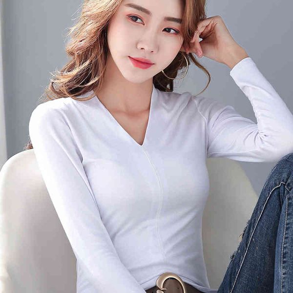 women's t-shirt shintimes tee femme v-neck slim t cotton long sleeve seamless tshirts clothes camisetas mujer y809, White 
women's t-shirt shintimes tee femme v-neck slim t cotton long sleeve seamless tshirts clothes camisetas mujer y809, White